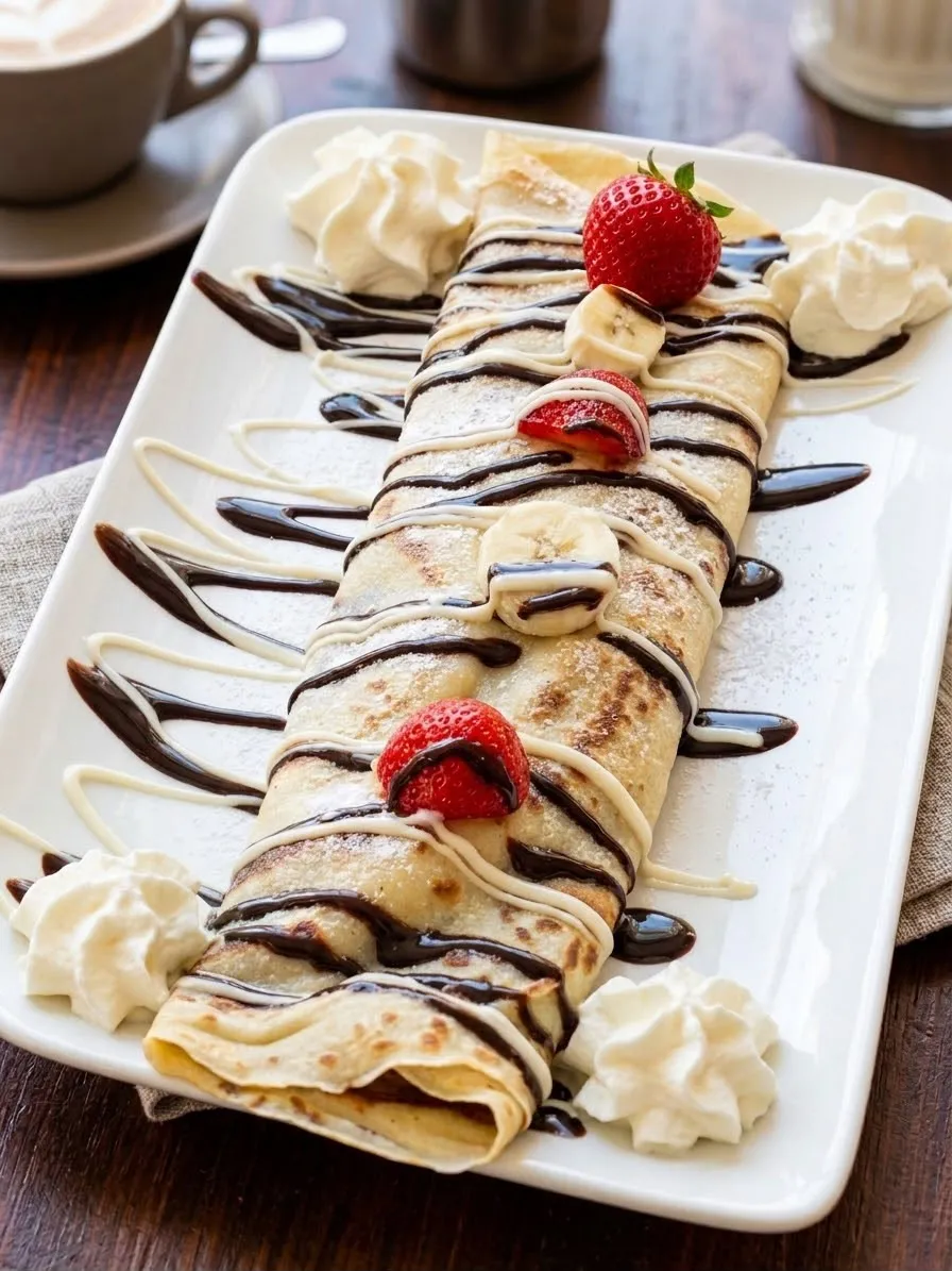 Crêpe met aardbeien, banaan, chocoladesaus en slagroom